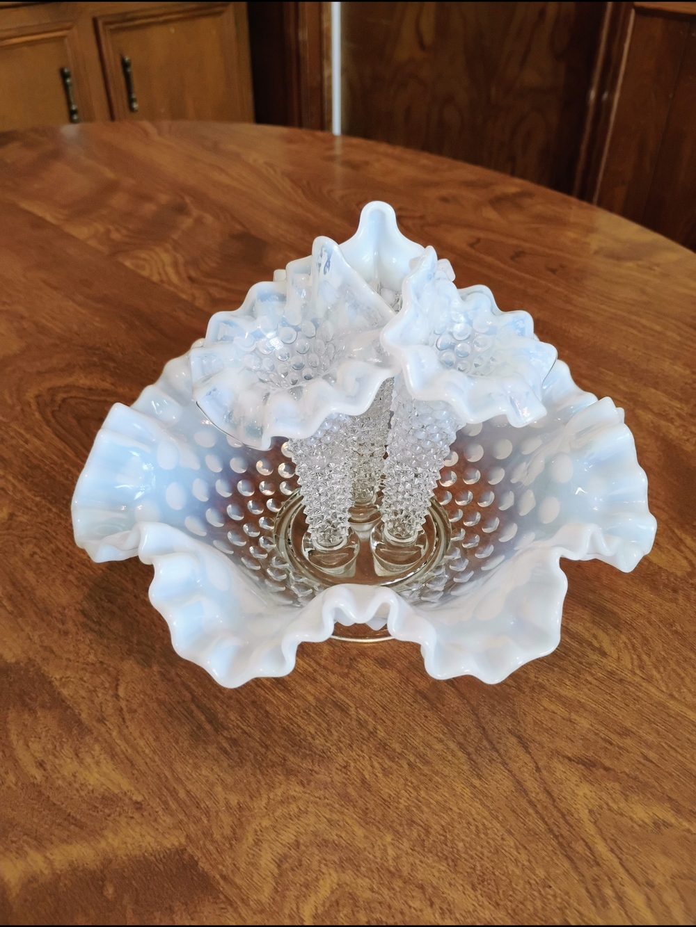 Fenton Antique White Hobnail Opalescent Art Glass Vase/Bowl 3-Flower Epergne